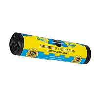 Мешки для мусора 120 л, с ушками, черные, в рулоне 10 шт., ПНД, 13 мкм, 1050х680 мм, Крепакоф, 4607075710436 в Керчи
