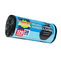 Мешки для мусора 120 л, с ушками, черные, в рулоне 30 шт., ПНД, 15 мкм, 1100х700 мм, Крепак, 4607075710375 в Керчи